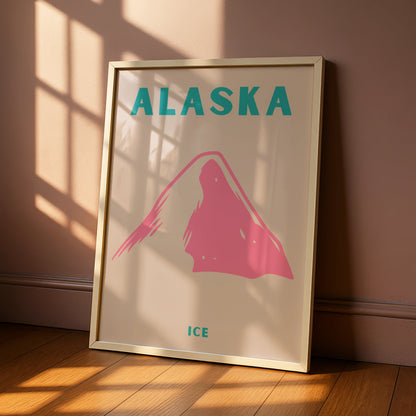 Alaska Travel Poster, Retro Mountain Ice Print, USA Wall Art, Pink Teal Minimalist Decor