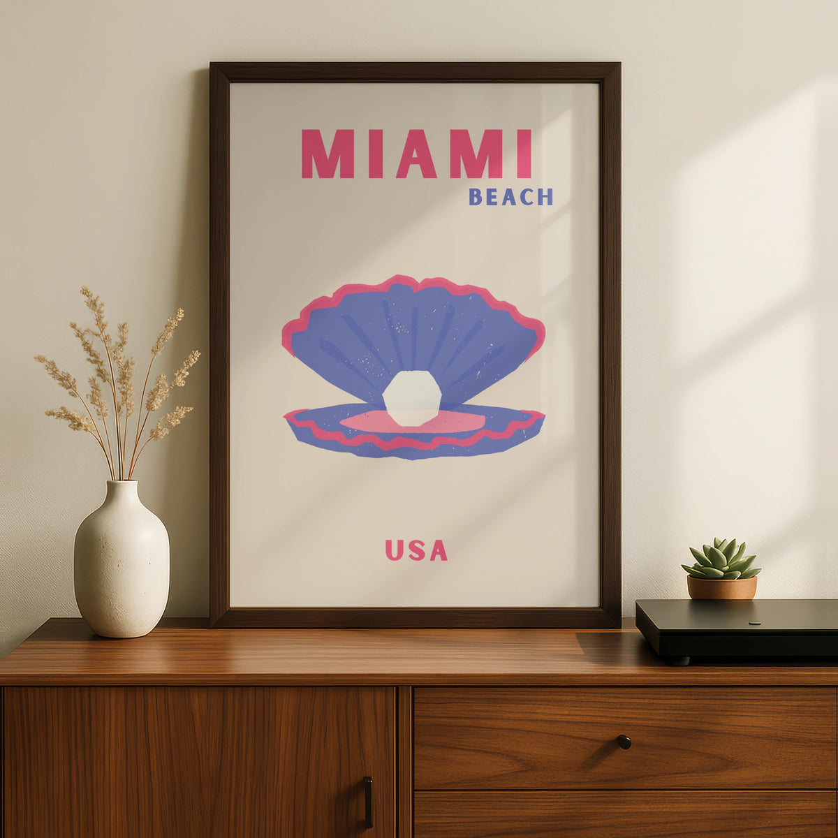 Miami Beach Travel Poster, Florida USA Retro Wall Art, Pink Blue Shell Print