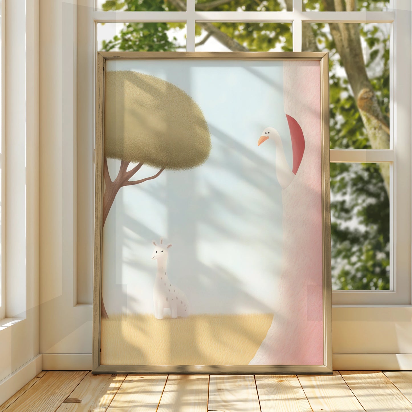Nursery Wall Art Giraffe Swan Print, Baby Animal Poster, Pastel Kids Room Decor