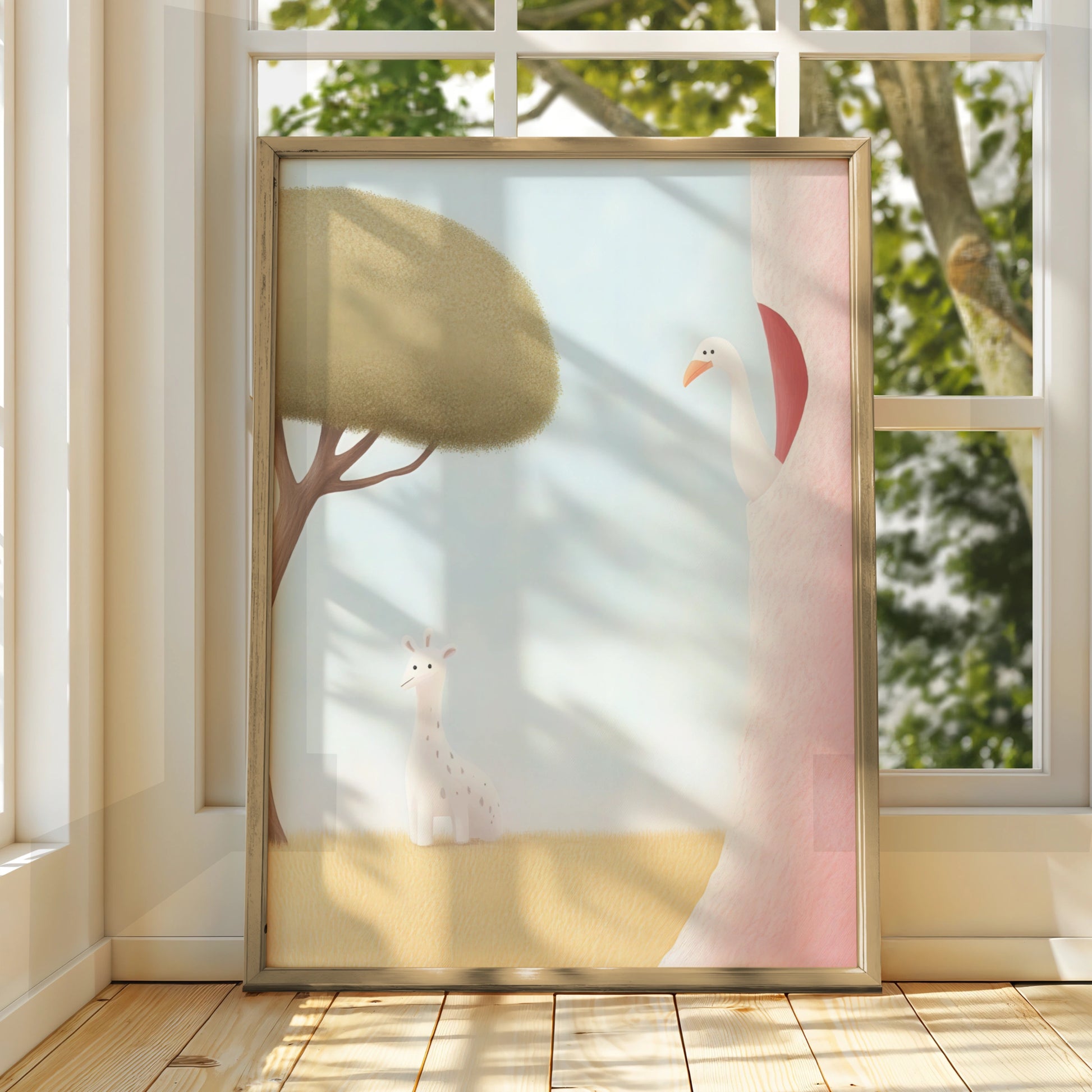 Nursery Wall Art Giraffe Swan Print, Baby Animal Poster, Pastel Kids Room Decor