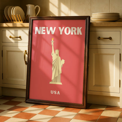 New York Travel Poster, USA Retro Wall Art, Statue of Liberty Print, NYC Decor
