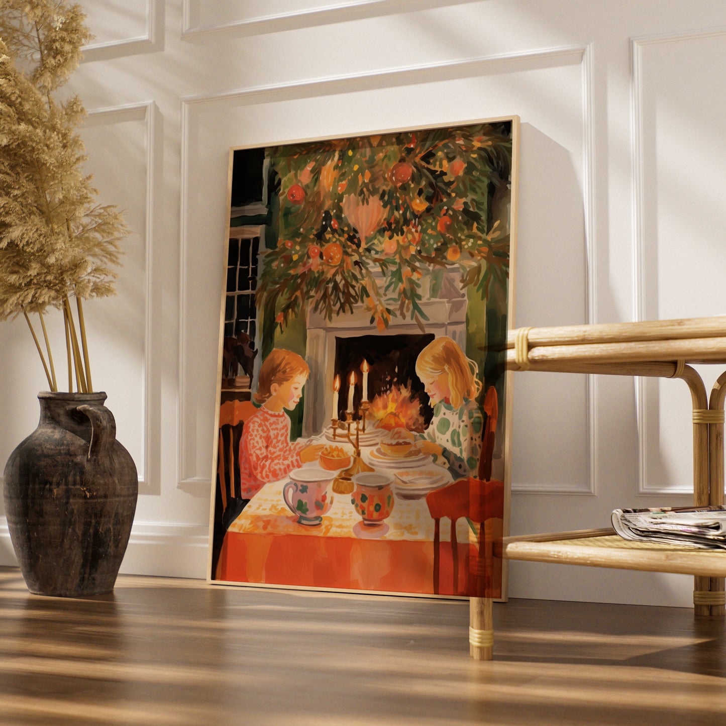 Christmas Dinner Poster, Children by Fireplace, Festive Holiday Wall Art, Cosy Vintage Scene Print