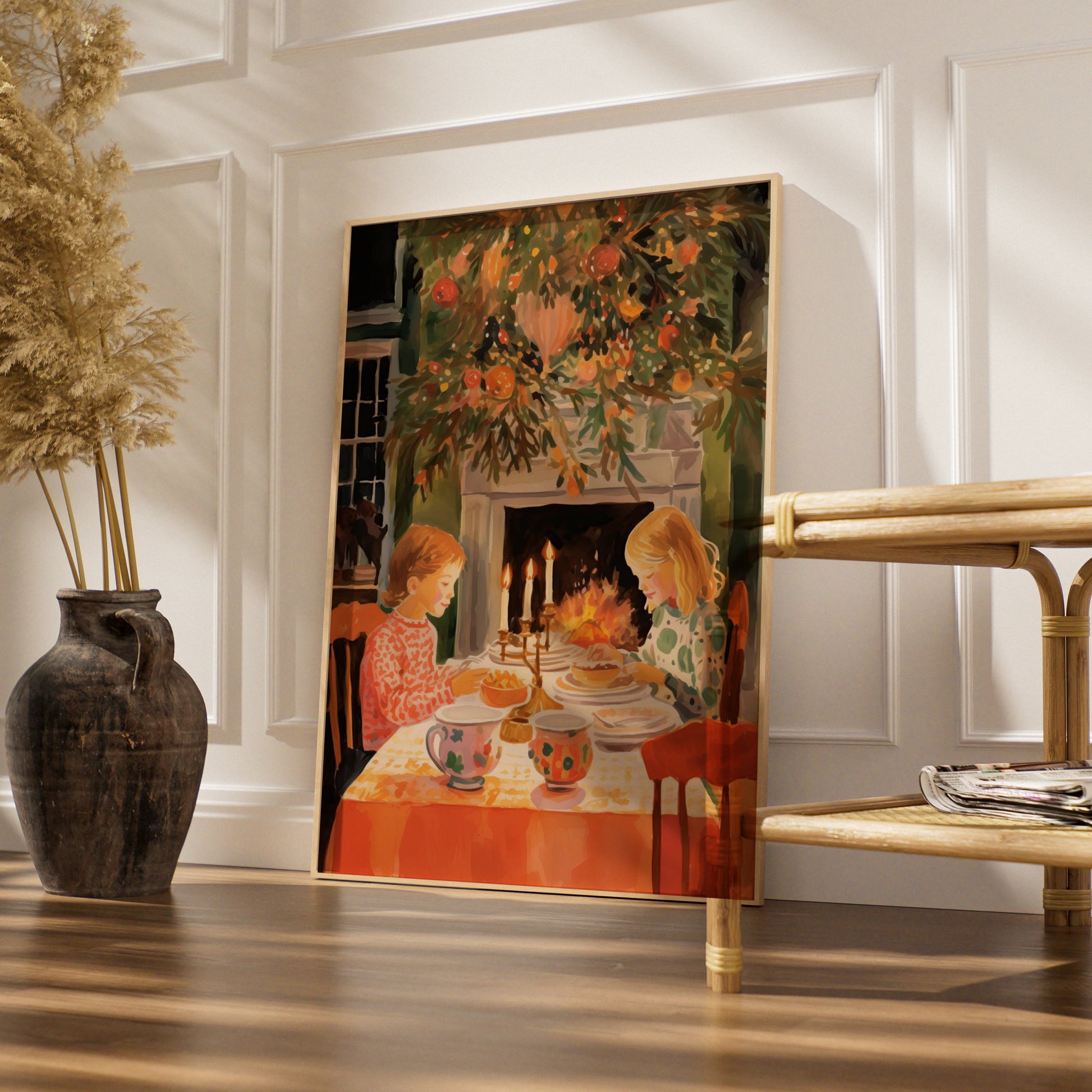 Christmas Dinner Poster, Children by Fireplace, Festive Holiday Wall Art, Cosy Vintage Scene Print