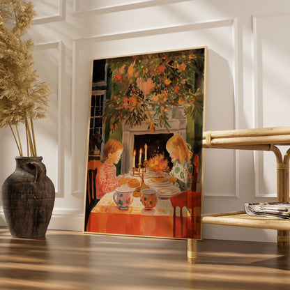 Christmas Dinner Poster, Children by Fireplace, Festive Holiday Wall Art, Cosy Vintage Scene Print