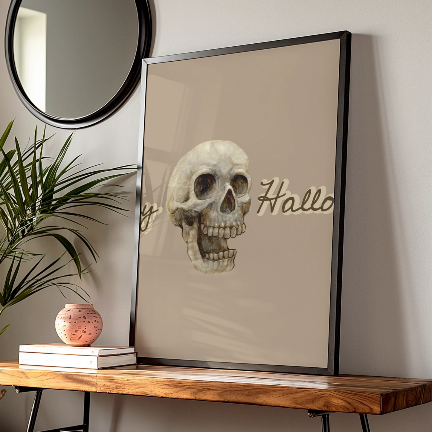 Happy Halloween Skull Poster, Spooky Wall Art, Skeleton Print, Taupe Halloween Decor