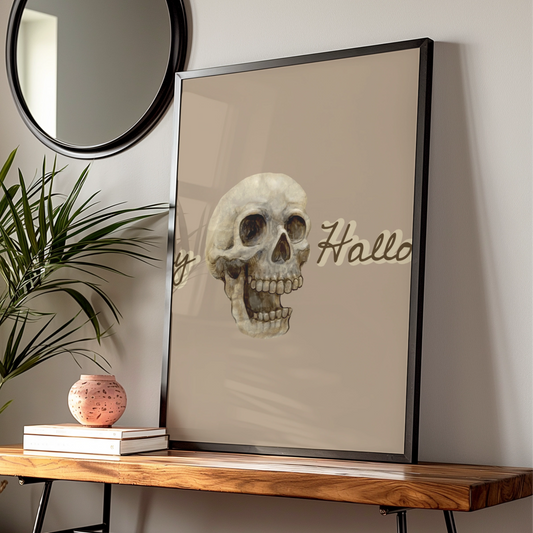 Happy Halloween Skull Poster, Spooky Wall Art, Skeleton Print, Taupe Halloween Decor