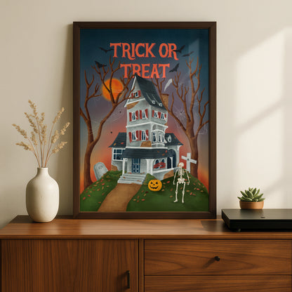 Trick Or Treat Halloween Poster, Haunted House Wall Art, Skeleton Pumpkin Print