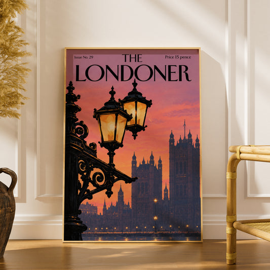 London Sunset Poster, Westminster Wall Art, Vintage Magazine Cover Style Art Print, Lamp Post Decor