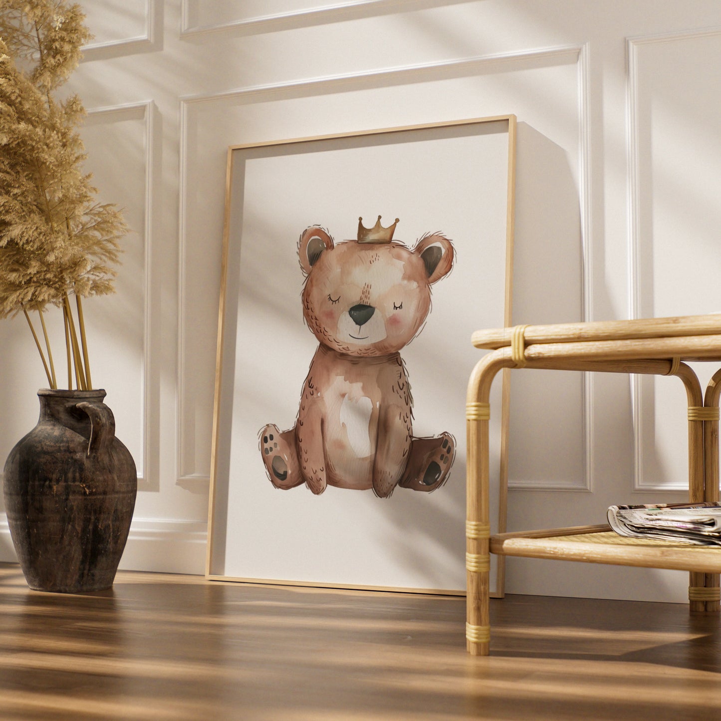 Nursery Wall Art Bear with Crown, Baby Bear Poster, Watercolour Kids Room Print