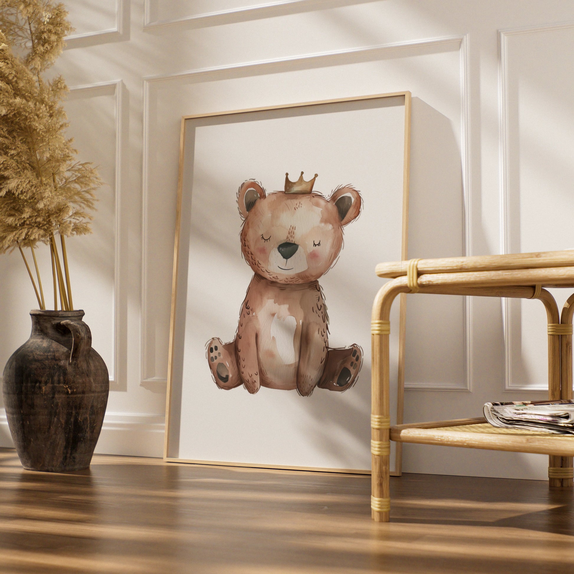 Nursery Wall Art Bear with Crown, Baby Bear Poster, Watercolour Kids Room Print