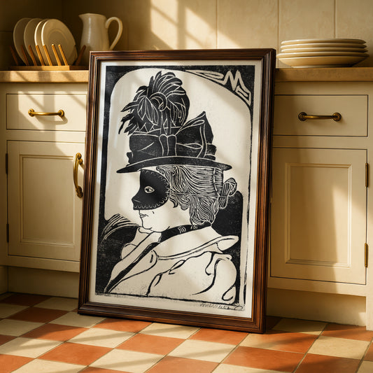 Halloween Masquerade Mask Poster, Black White Woodcut Wall Art, Vintage Witch Print