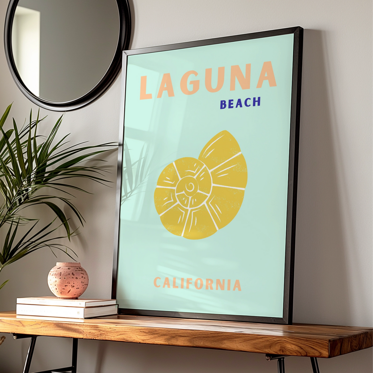 Laguna Beach California Travel Poster, Retro Coastal Wall Art, Seashell Print