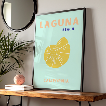Laguna Beach California Travel Poster, Retro Coastal Wall Art, Seashell Print