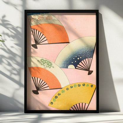Japanese Fan Art Print, Vintage Woodblock Wall Art, Japandi Poster, Bijutsukai 1901 – A4 Black frame