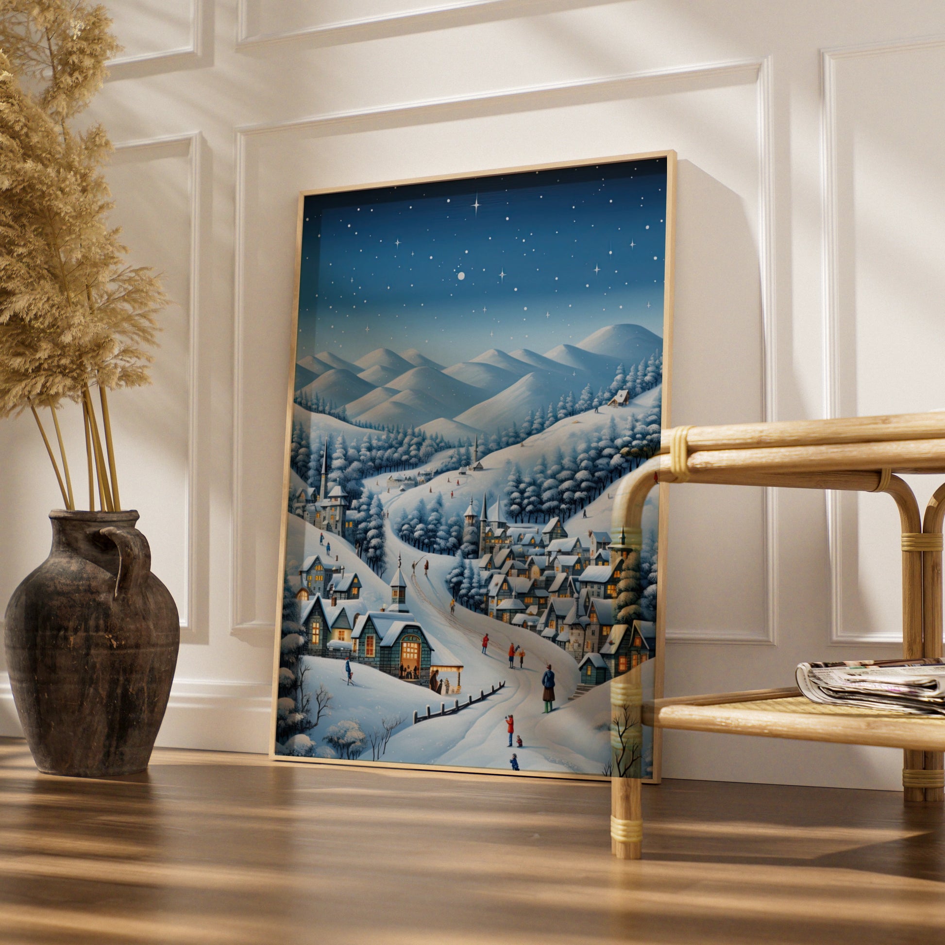 Christmas Village Winter Poster, Snowy Night Scene Wall Art, Festive Holiday Print, Xmas Decor