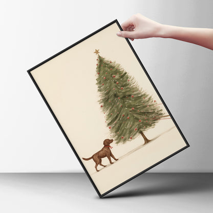 Chocolate Labrador Christmas Tree Poster, Festive Dog Wall Art, Vintage Style Holiday Art Print
