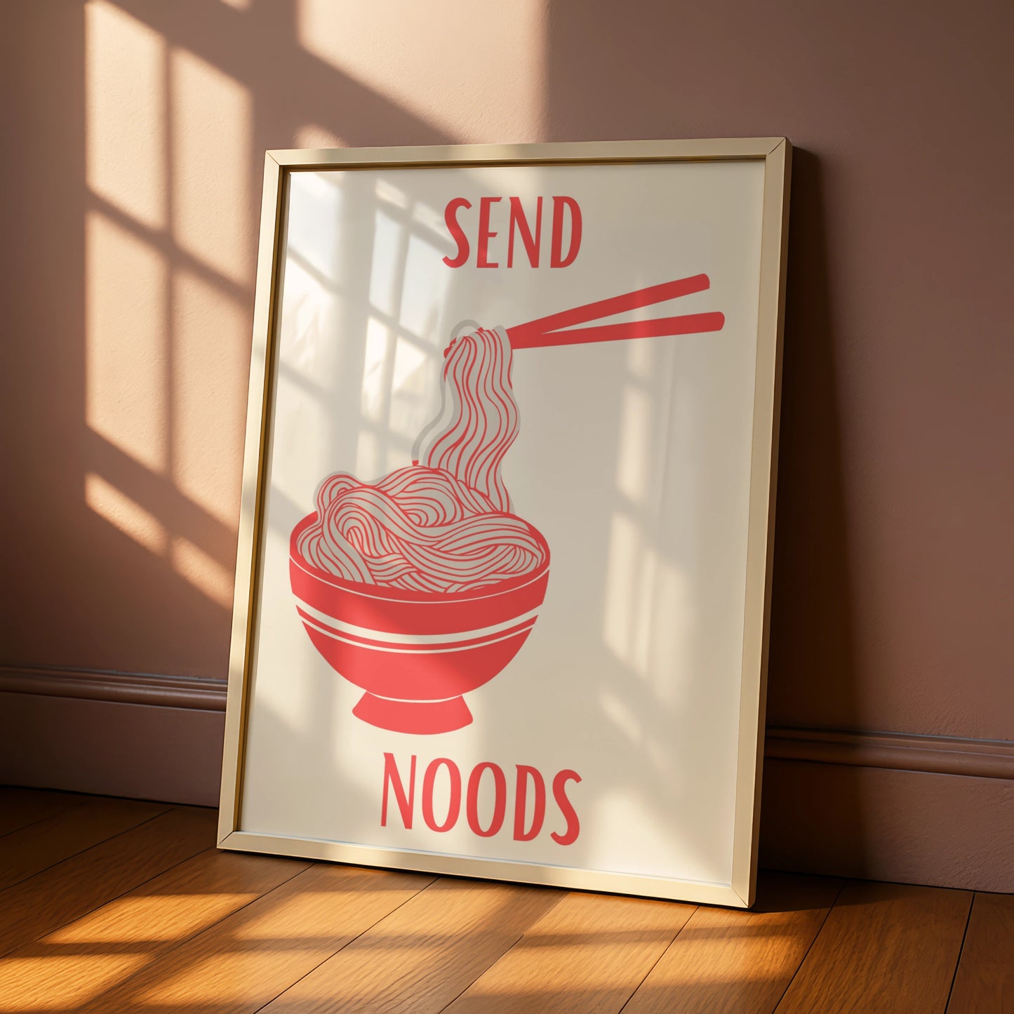 Send Noods Ramen Poster, Funny Noodle Bowl Wall Art, Bold Red Kitchen Print