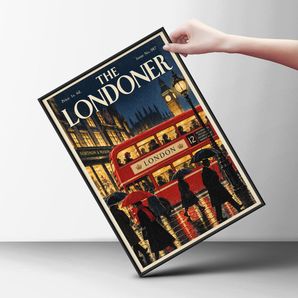 Vintage London Red Bus Poster, Big Ben Wall Art, Retro Magazine Cover Art Print, Rainy Night Scene