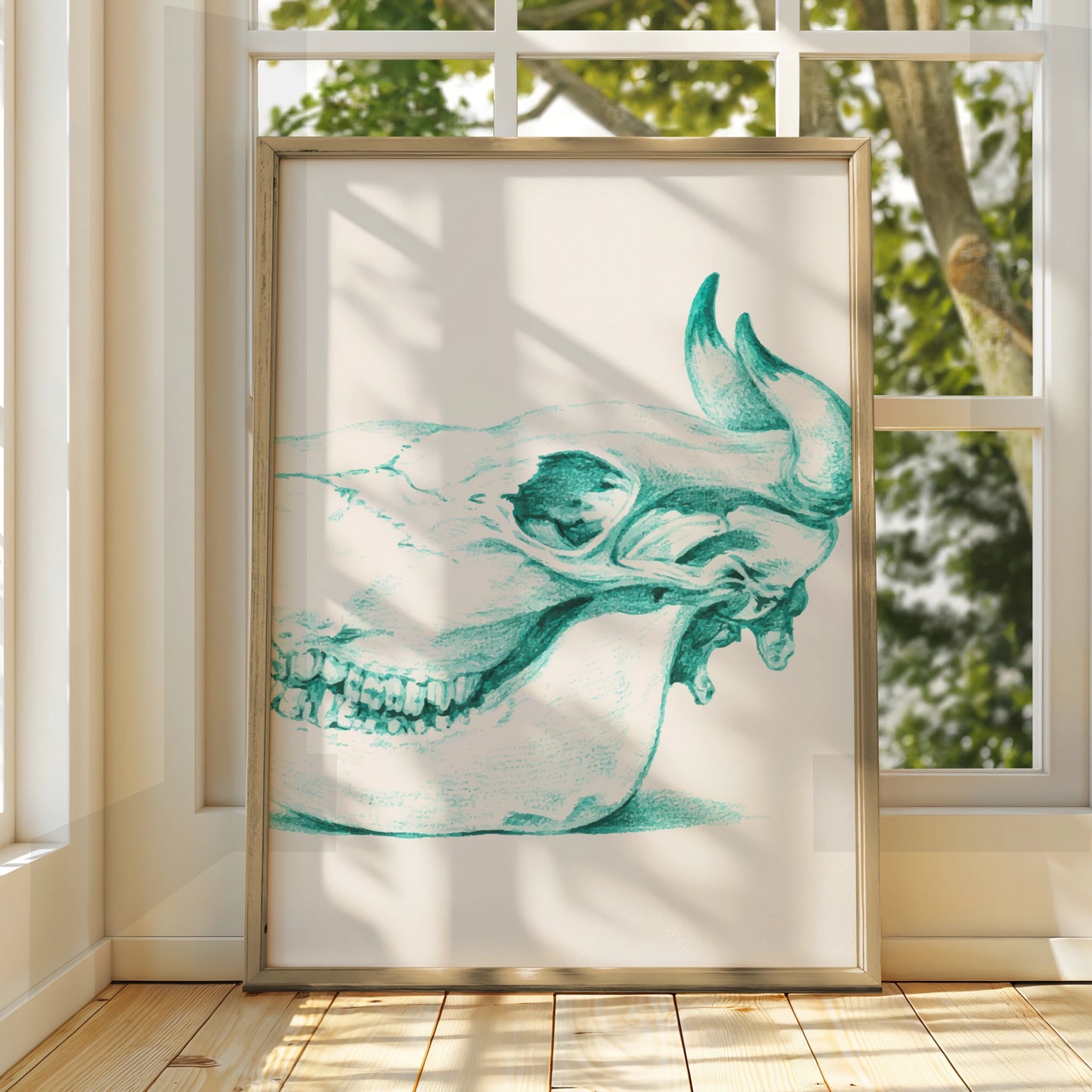 Animal Skull Halloween Art Print, Teal Gothic Poster, Spooky Wall Art, Dark Anatomy Decor