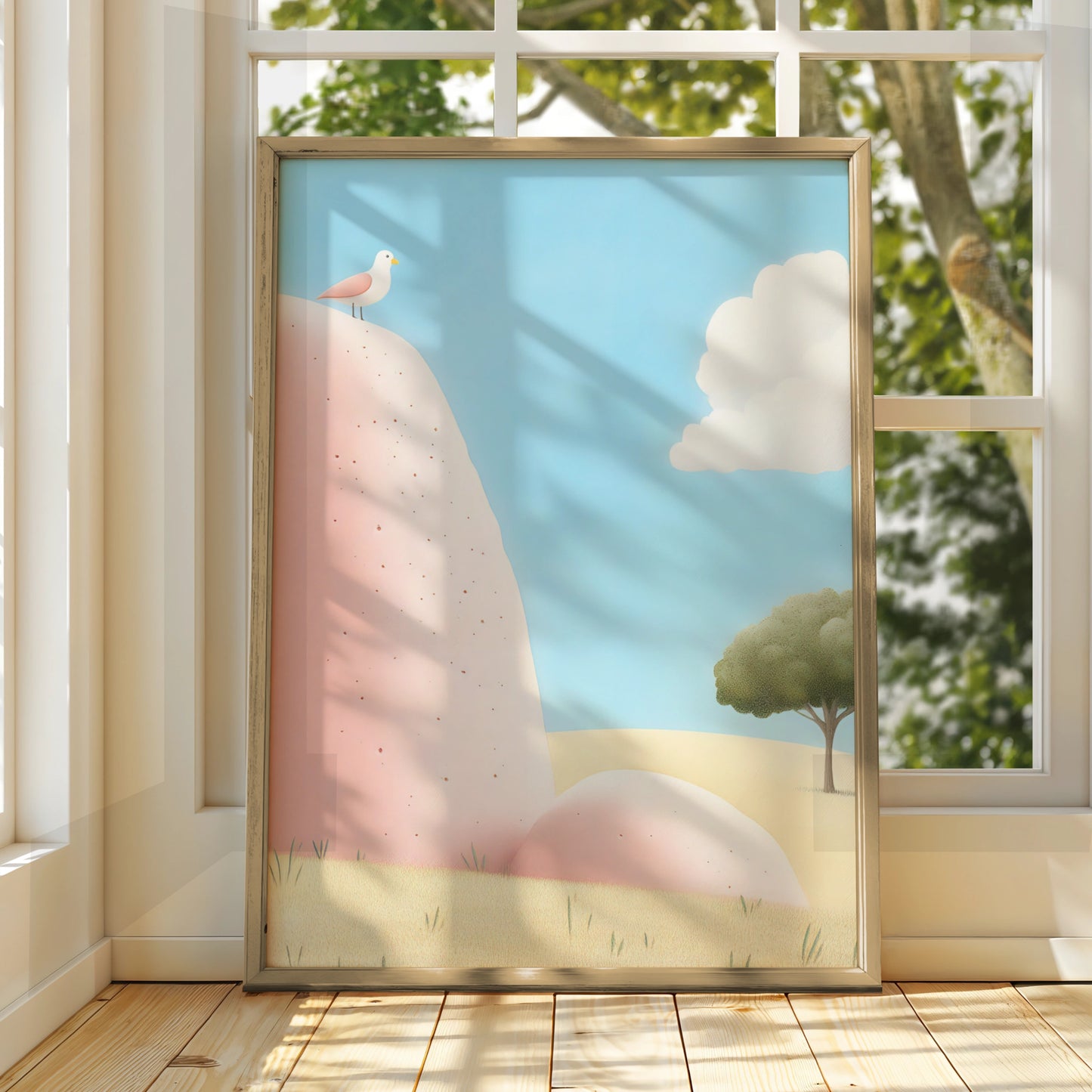 Nursery Wall Art Bird on Rock, Pastel Landscape Poster, Baby Room Decor Print