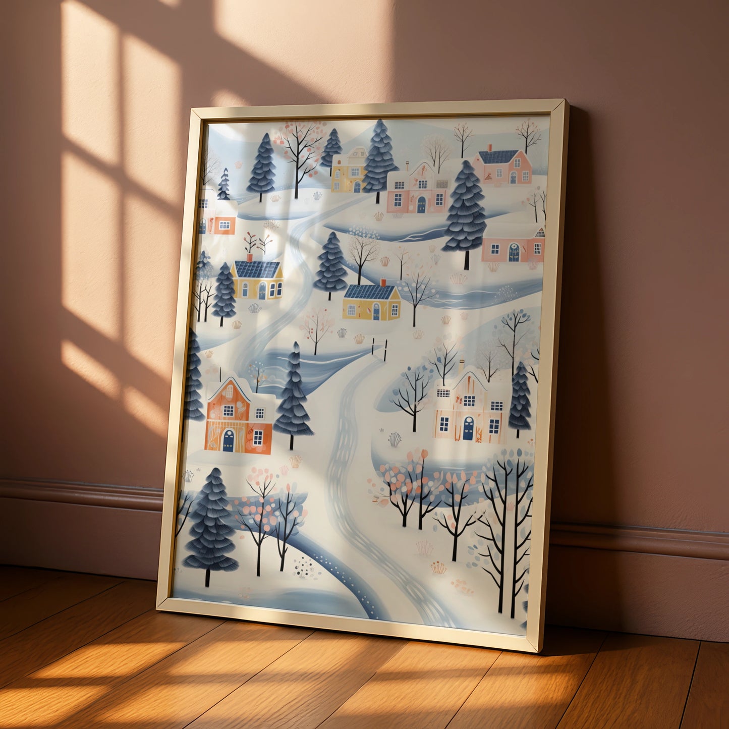 Christmas Village Poster, Snowy Winter Town Wall Art, Scandi Festive Print, Pastel Blue