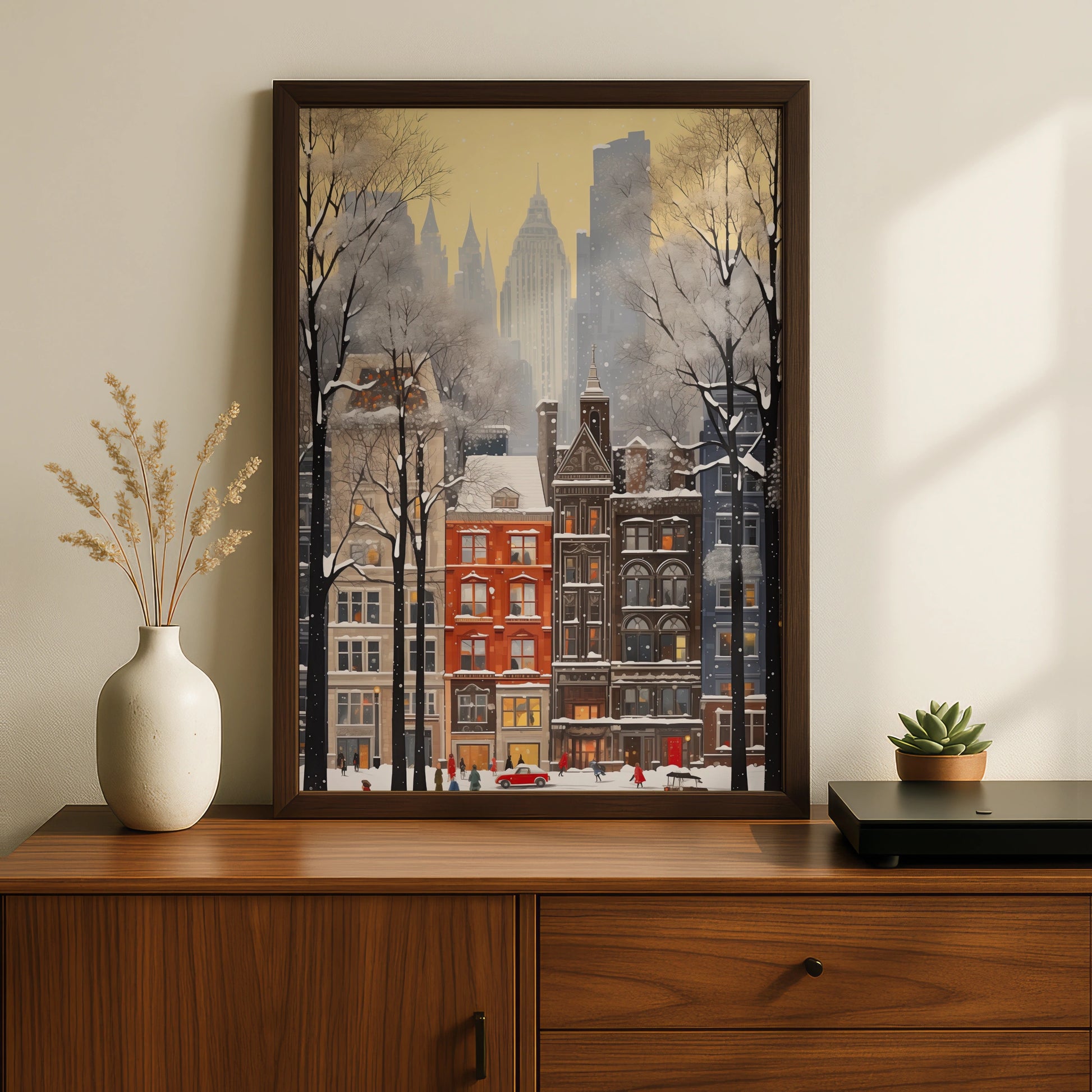 New York Christmas Poster, Snowy City Street Wall Art, Winter NYC Print, Holiday Festive Decor