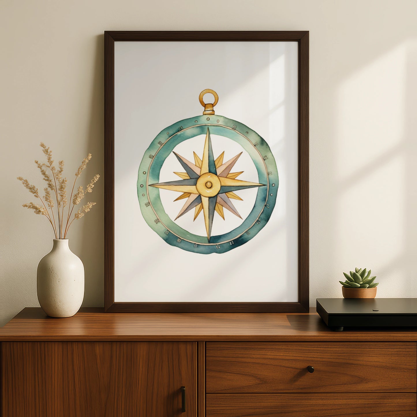 Compass Nursery Wall Art, Watercolour Adventure Poster, Teal Gold Boys Room Print