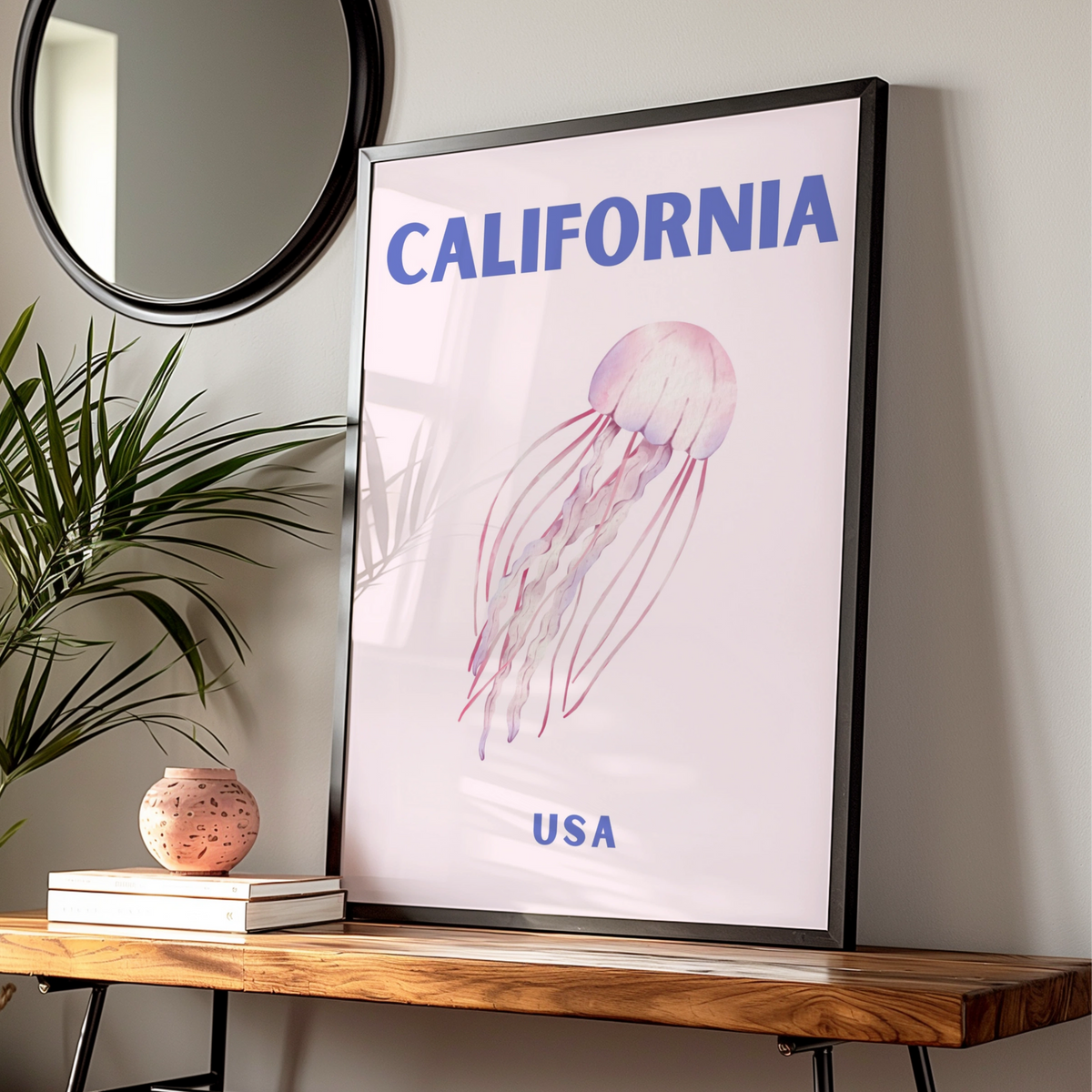 California Travel Poster USA, Jellyfish Wall Art, Retro Ocean Print, Coastal Pink Decor