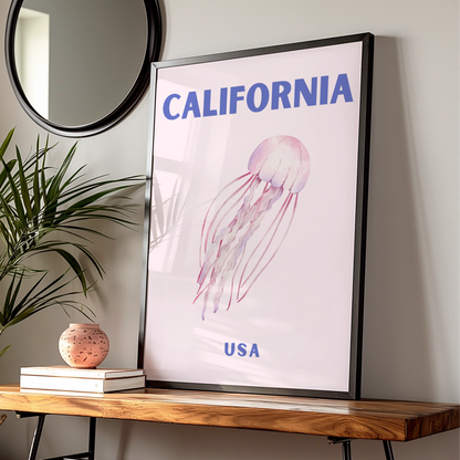 California Travel Poster USA, Jellyfish Wall Art, Retro Ocean Print, Coastal Pink Decor