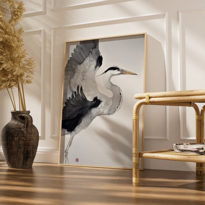 Heron Ink Art Print, Monochrome Wall Art, Black and White Bird Poster, Minimalist Print