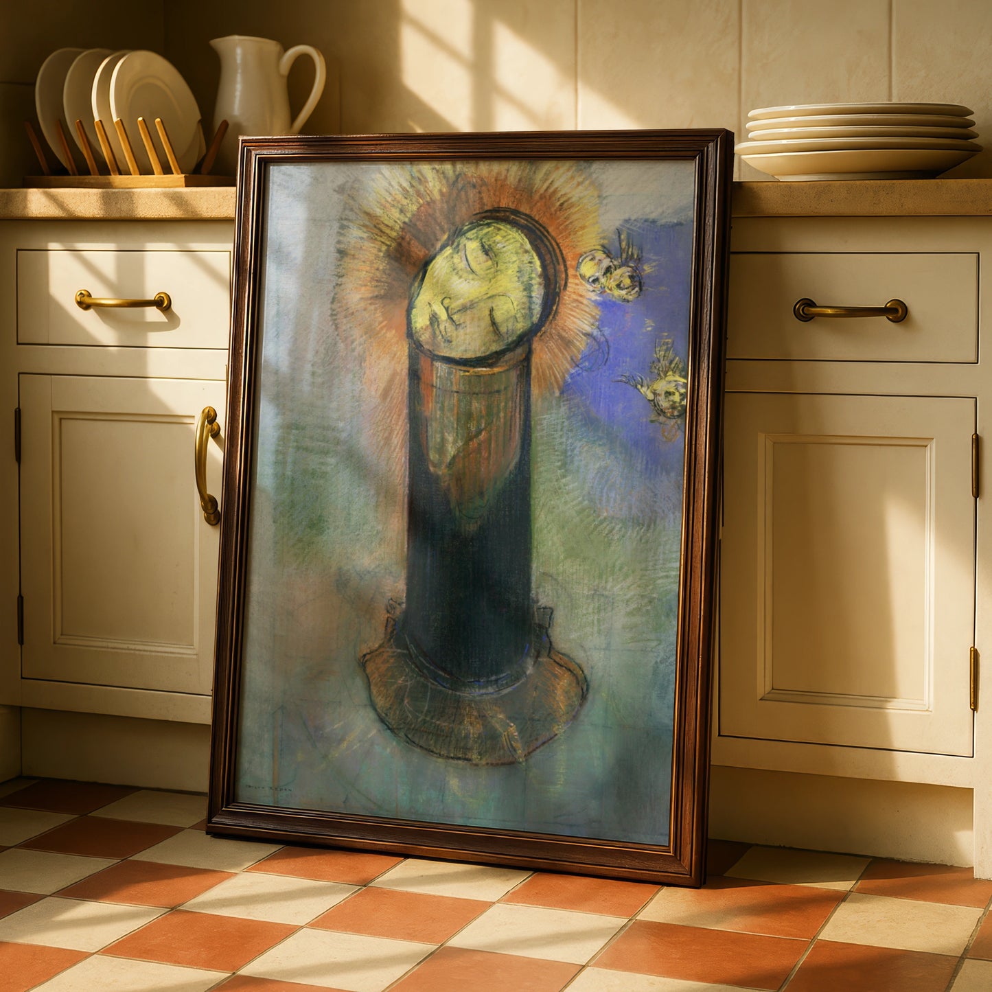 Odilon Redon Halloween Surreal Art Print, Mystical Head Halo Skull Poster Wall