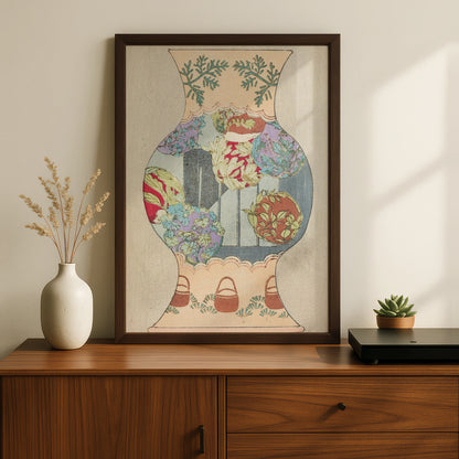 Vintage Japanese Vase Art Print, Bijutsukai 1901 Botanical Floral Japandi Wall Art Poster – A5 Black frame