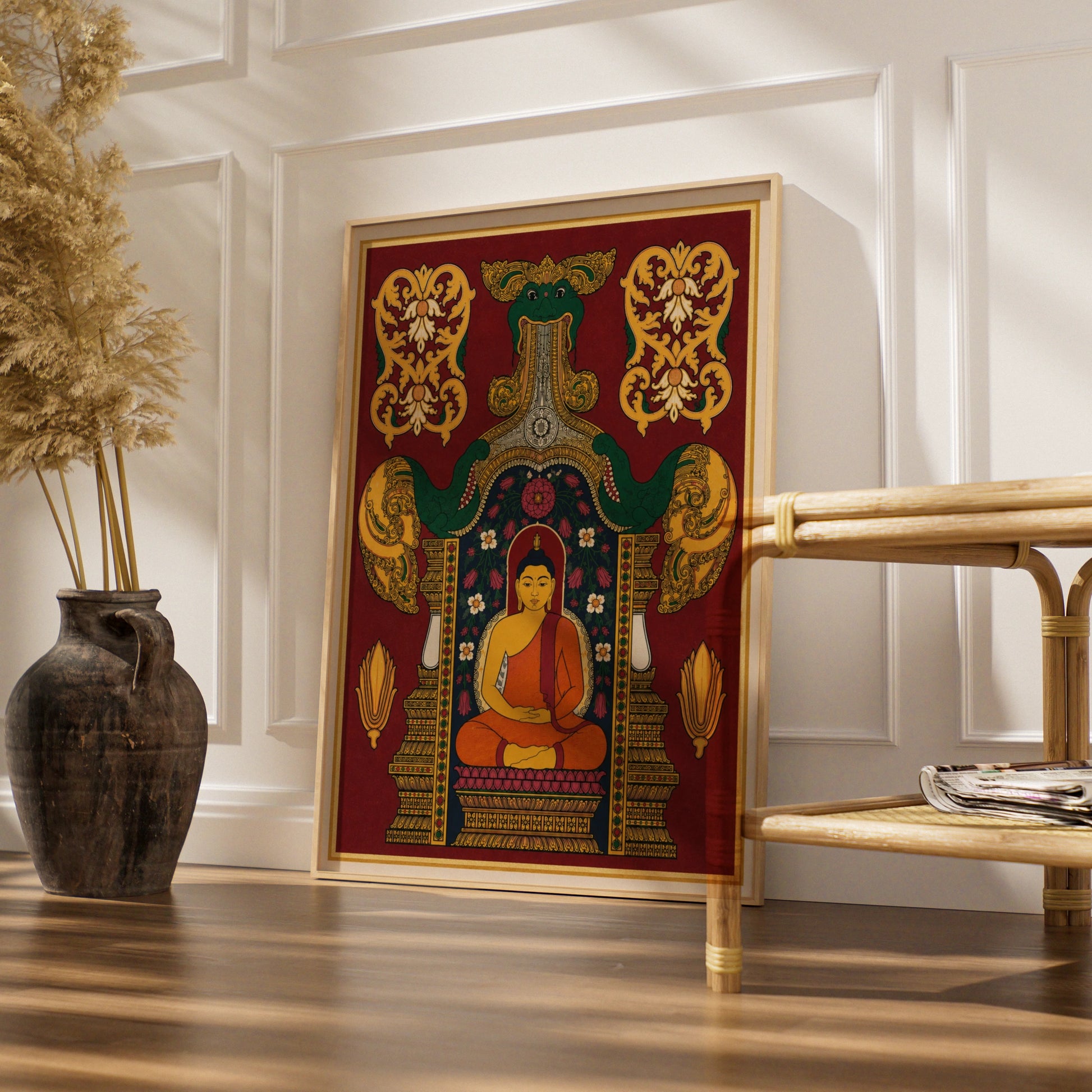 Buddha Poster, Indian Art Print, Meditation Wall Art, Naga Serpent, Floral Temple Decor