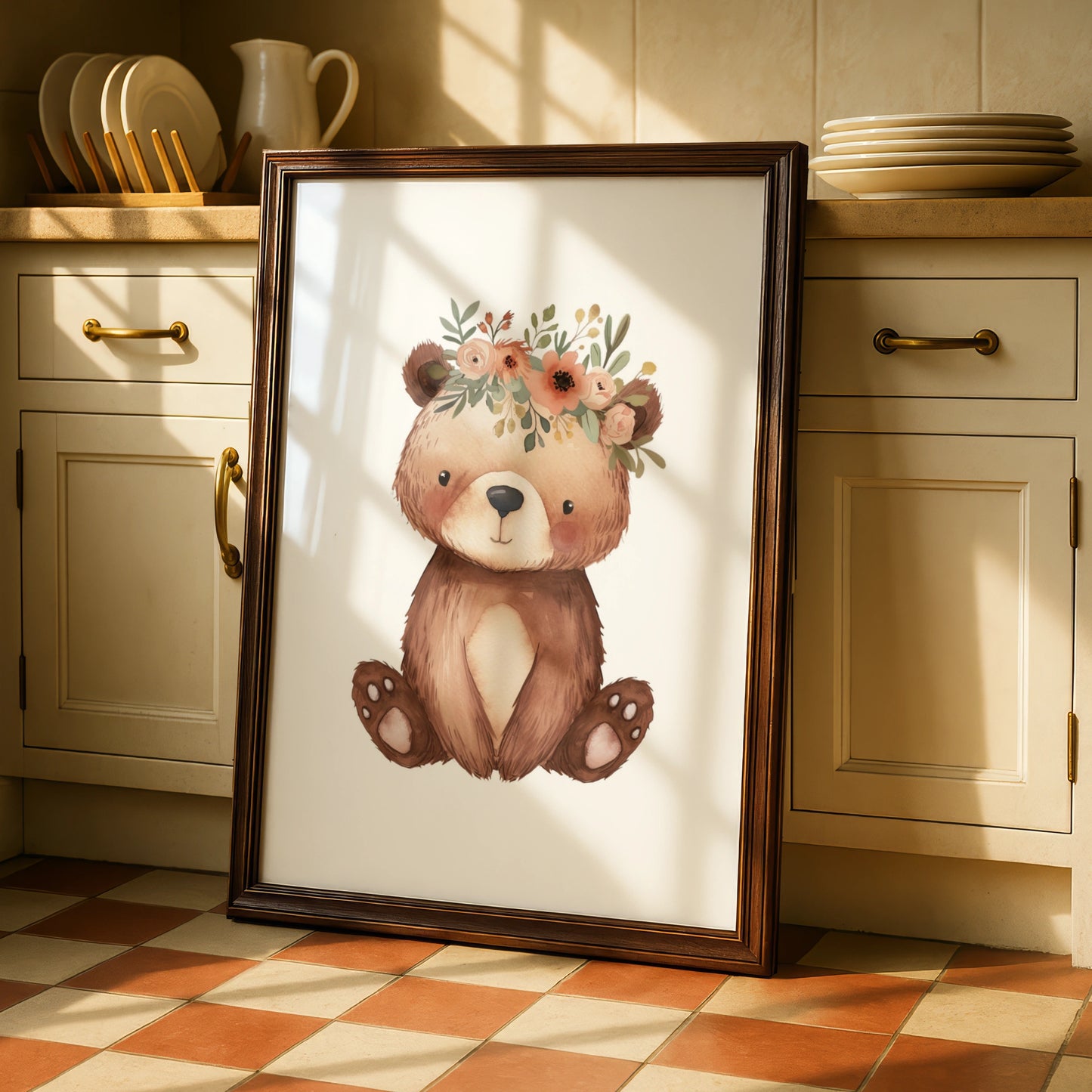 Floral Bear Nursery Wall Art, Watercolour Baby Bear Poster, Woodland Animal Print for Kids Room