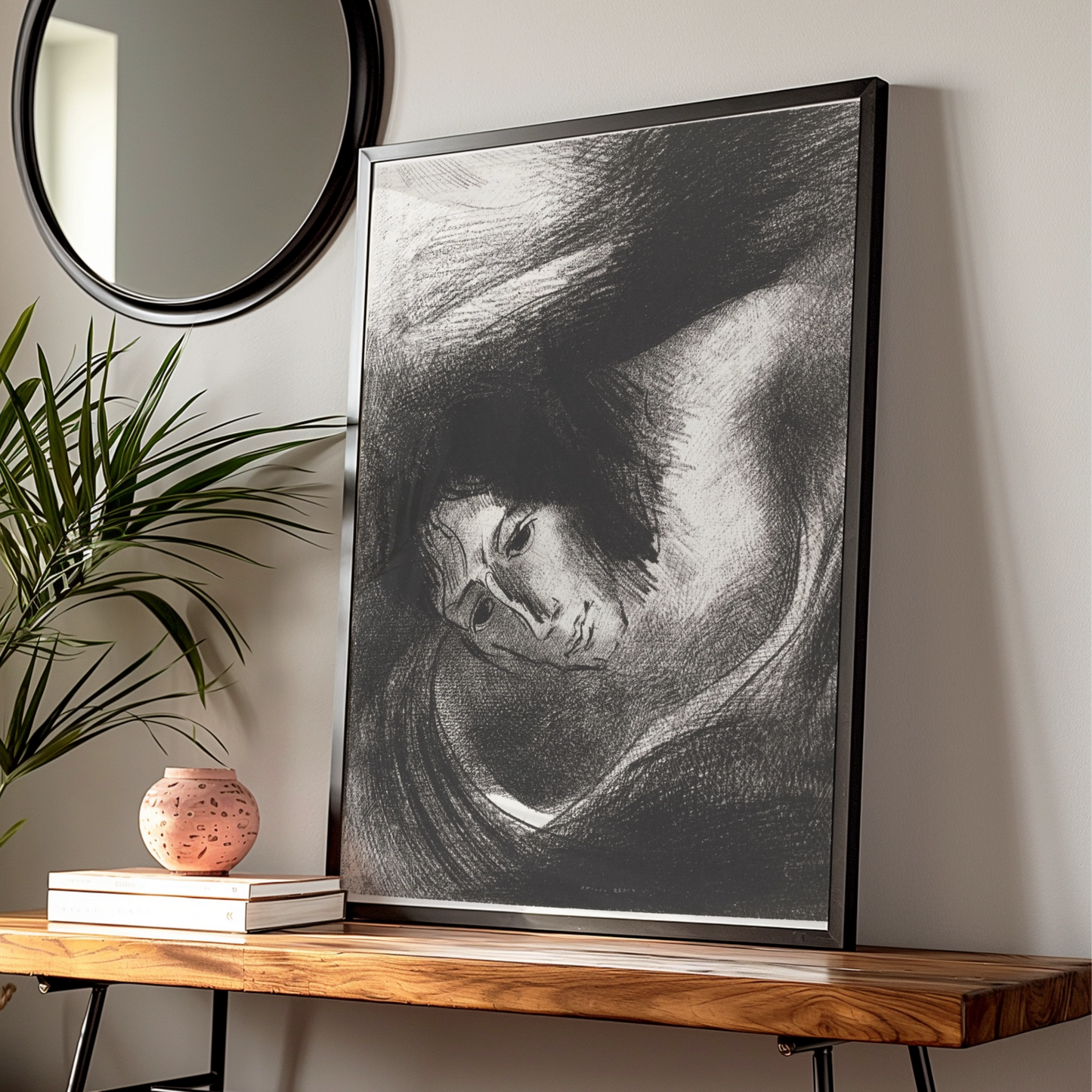 Halloween Gothic Face Art Print, Dark Surreal Poster, Odilon Redon Style, Black White Spooky Wall