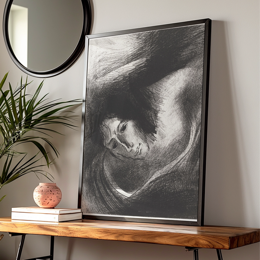 Halloween Gothic Face Art Print, Dark Surreal Poster, Odilon Redon Style, Black White Spooky Wall