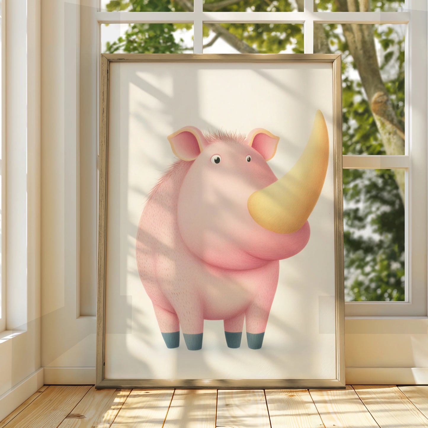 Cute Rhino Nursery Wall Art, Pink Rhinoceros Print, Children's Animal Poster, Kids Room Decor