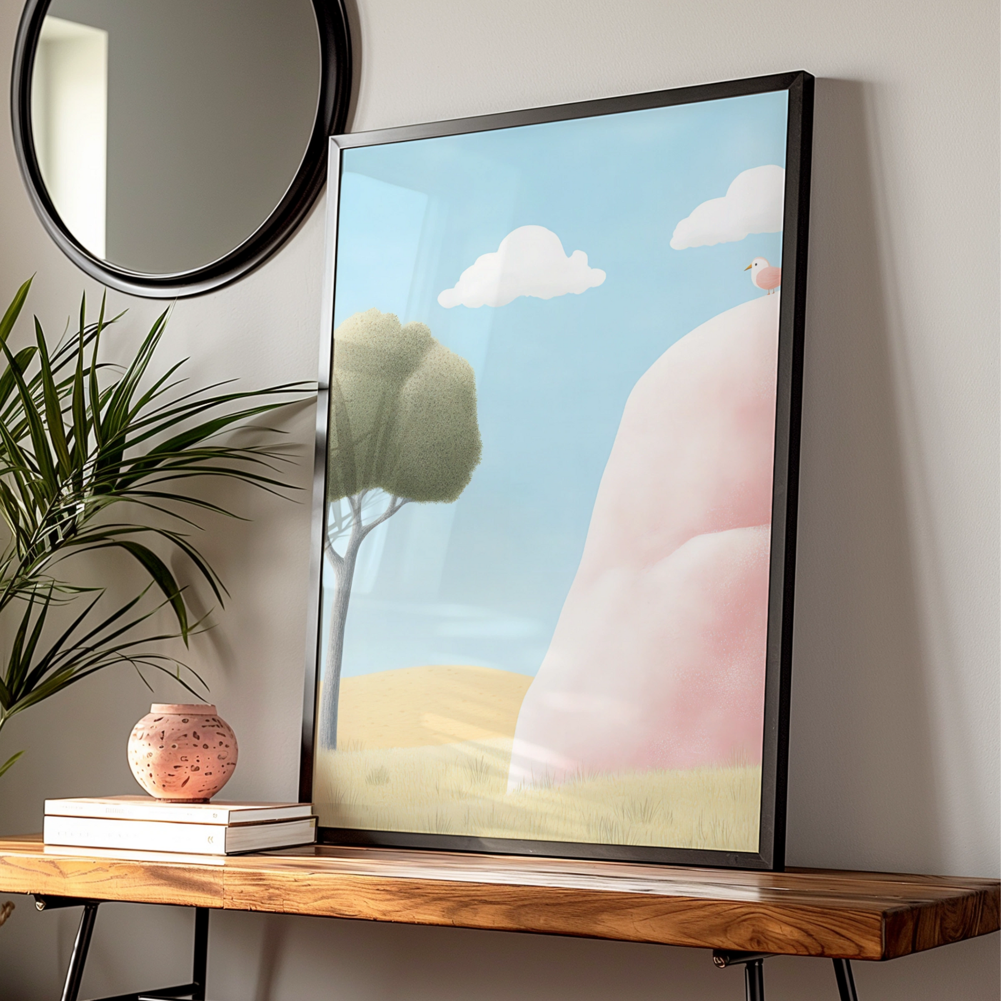 Nursery Wall Art Pink Hill Bird Print, Cute Children's Poster, Pastel Sky Nature