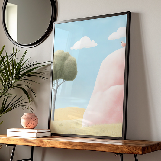 Nursery Wall Art Pink Hill Bird Print, Cute Children's Poster, Pastel Sky Nature