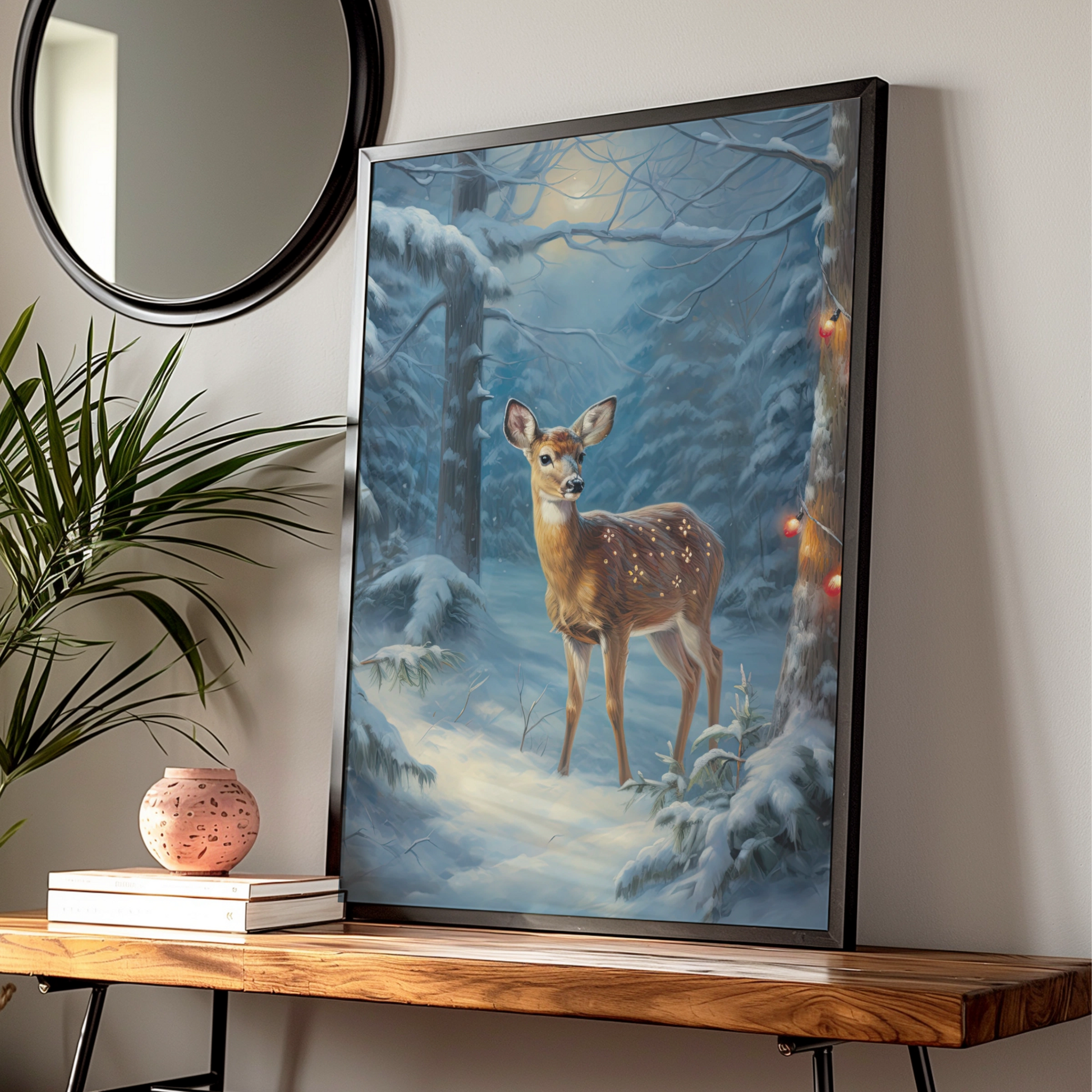 Christmas Deer Poster, Winter Forest Fawn Wall Art, Snowy Woodland Festive Print, Holiday Decor