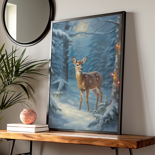 Christmas Deer Poster, Winter Forest Fawn Wall Art, Snowy Woodland Festive Print, Holiday Decor