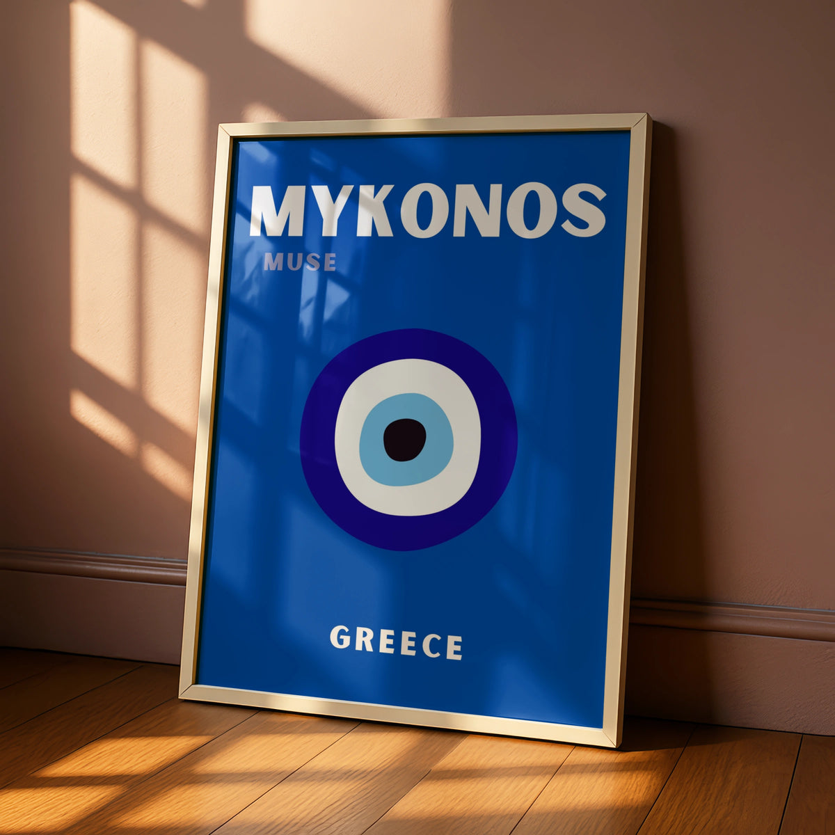 Mykonos Greece Travel Poster, Evil Eye Wall Art, Greek Island Retro Print, Blue