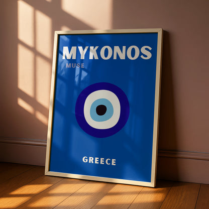 Mykonos Greece Travel Poster, Evil Eye Wall Art, Greek Island Retro Print, Blue