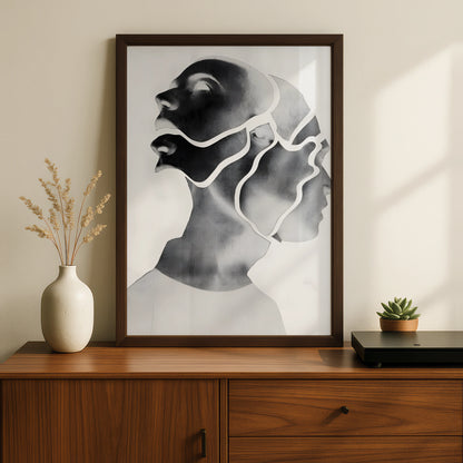 Abstract Face Portrait, Monochrome Wall Art, Modern Black and White Poster, Contemporary Figure