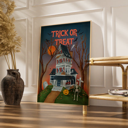 Trick Or Treat Halloween Poster, Haunted House Wall Art, Skeleton Pumpkin Print
