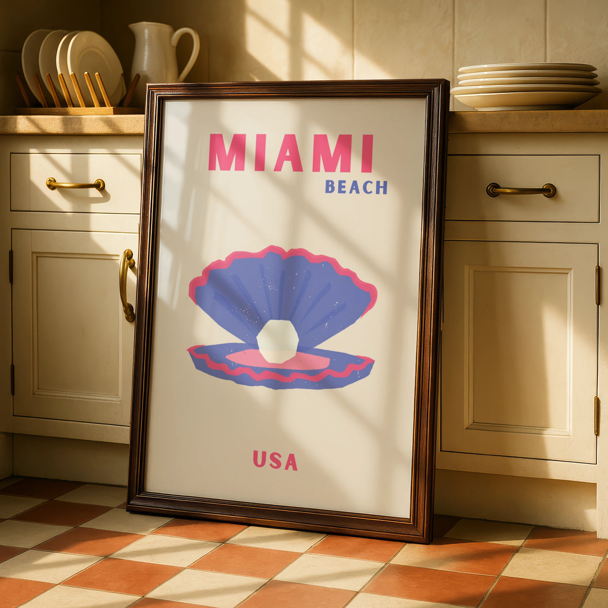 Miami Beach Travel Poster, Florida USA Retro Wall Art, Pink Blue Shell Print
