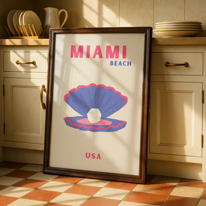 Miami Beach Travel Poster, Florida USA Retro Wall Art, Pink Blue Shell Print