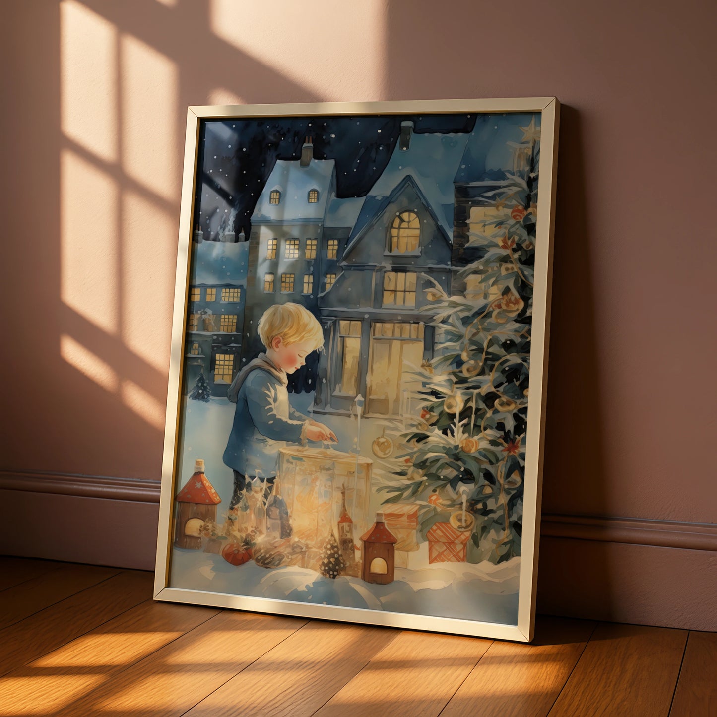 Christmas Poster, Child with Lantern Snowy Village, Watercolour Xmas Wall Art Print