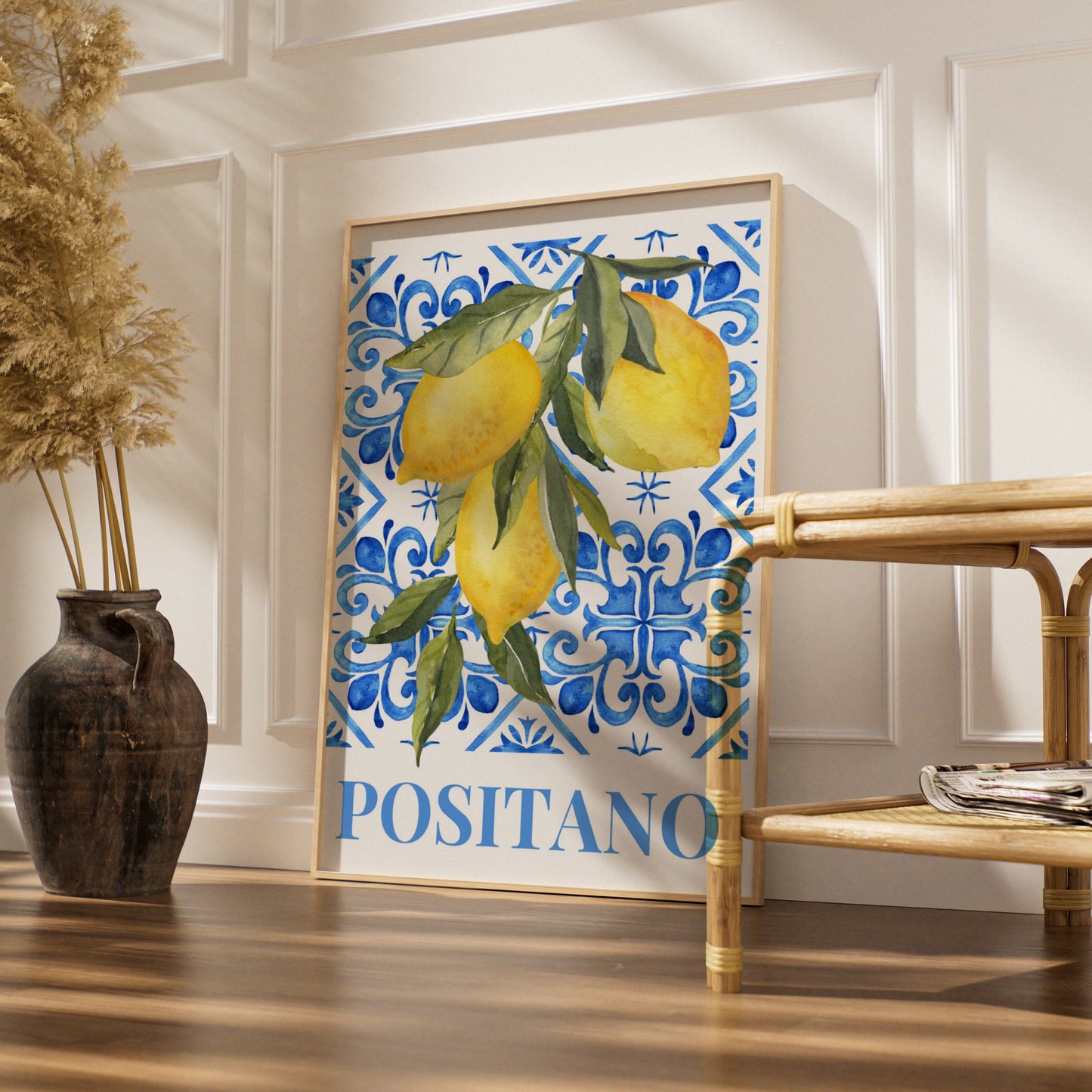 Positano Lemon Maximalist Poster, Italian Amalfi Coast Wall Art, Blue Tile Print