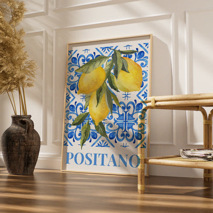Positano Lemon Maximalist Poster, Italian Amalfi Coast Wall Art, Blue Tile Print